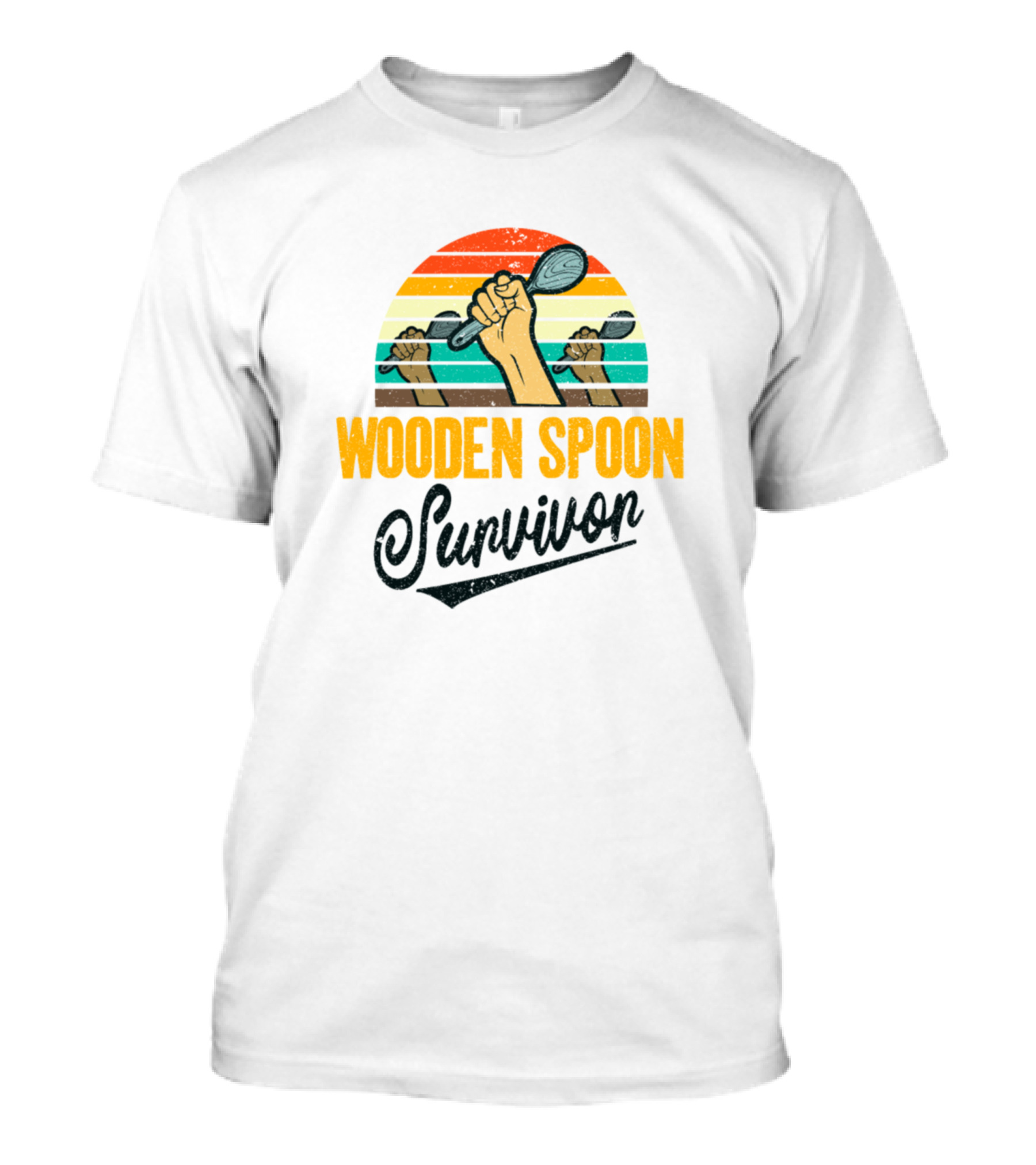 Retro Wooden Spoon Survivor Raised Fists Vintage Stripes T-Shirt