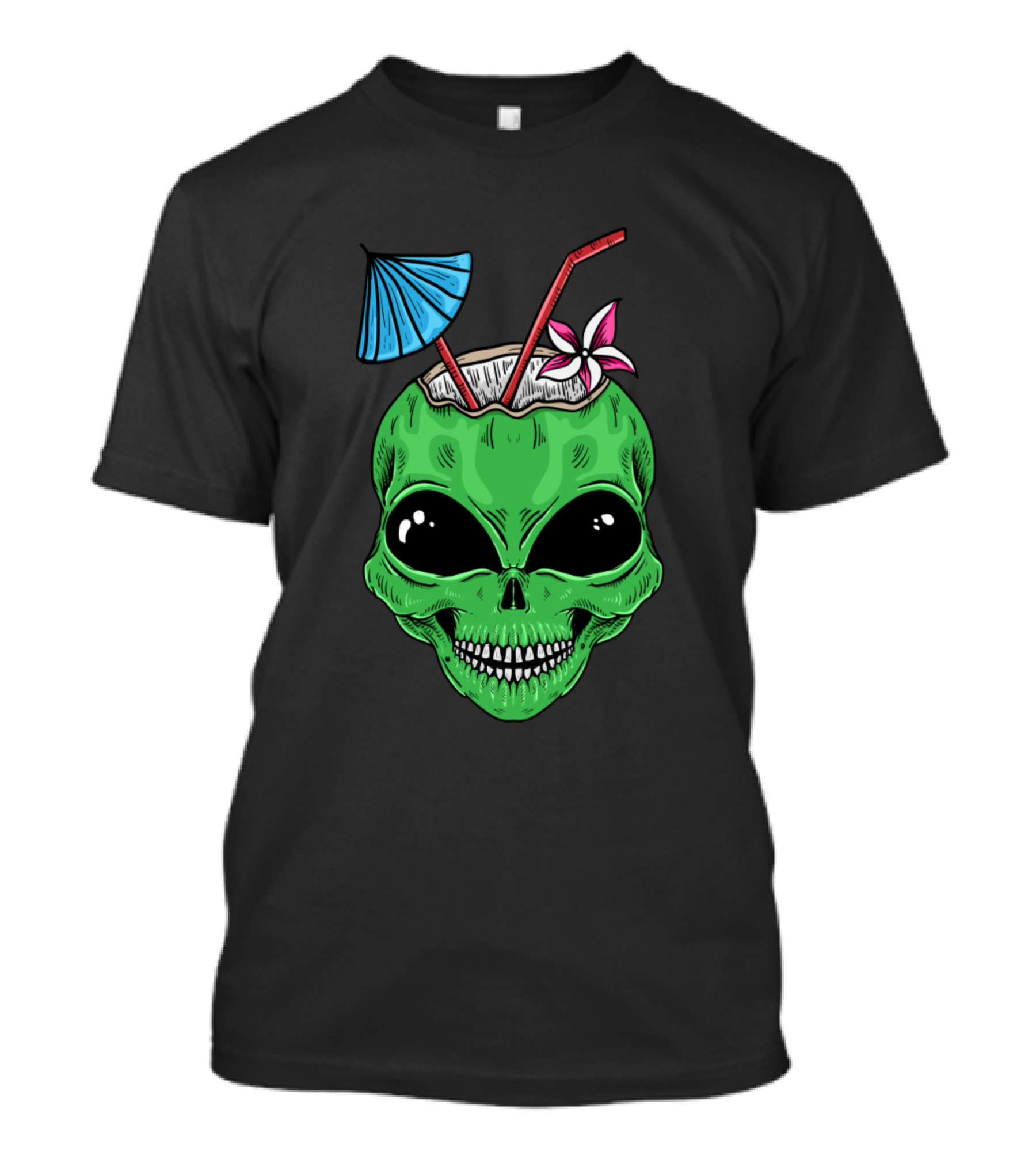 Alien Skull Coconut Drink With Umbrella And Flower T-Shirt