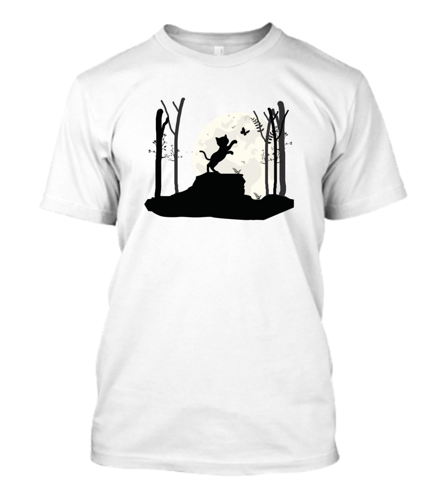 Cat Butterfly Moonlit Forest Silhouette Motif T-Shirt