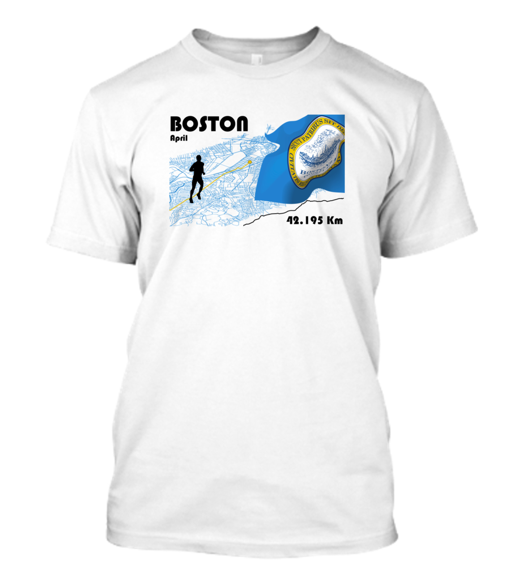 BOSTON April 42.195 Km Running Event Map And Flag T-Shirt