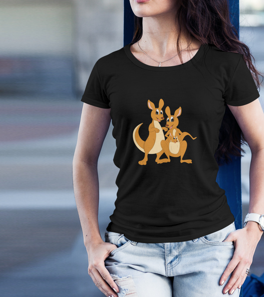 Children Cartoon Kangaroo Family Motif Playful Joey And Parent Duo T-Shirt