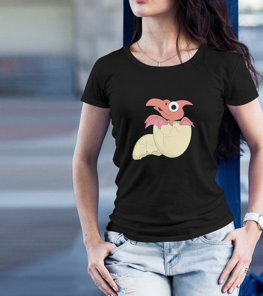 Childrens Cartoon Dino Egg Shell Motif With Cracked Egg And Pink Dinosaur T-Shirt