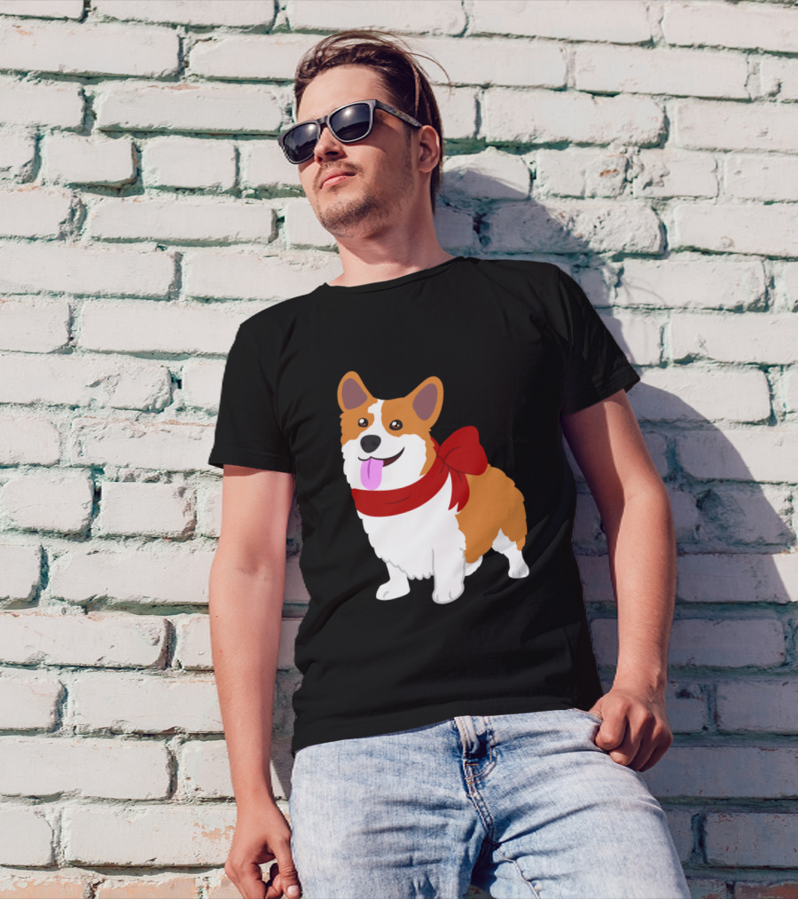 Festive Christmas Corgi With Red Bow T-Shirt