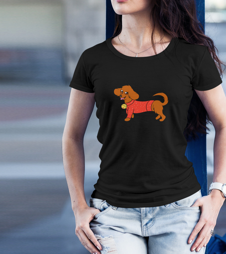 Christmas Dachshund In Festive Red Sweater With Bell T-Shirt