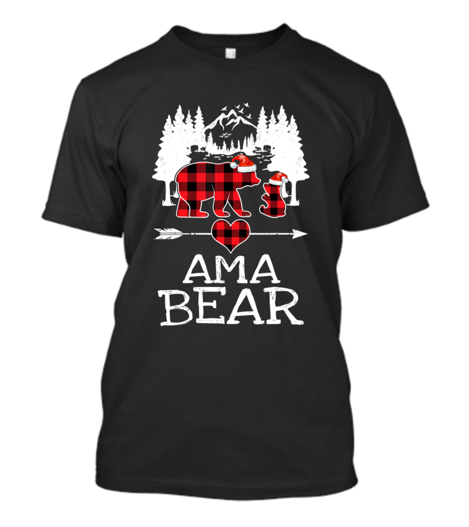 Ama Bear Christmas Red Plaid Buffalo Family Trees Snow Mountains Arrow Heart T-Shirt