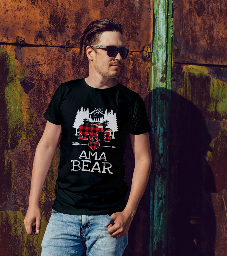 Ama Bear Christmas Red Plaid Buffalo Family Trees Snow Mountains Arrow Heart T-Shirt
