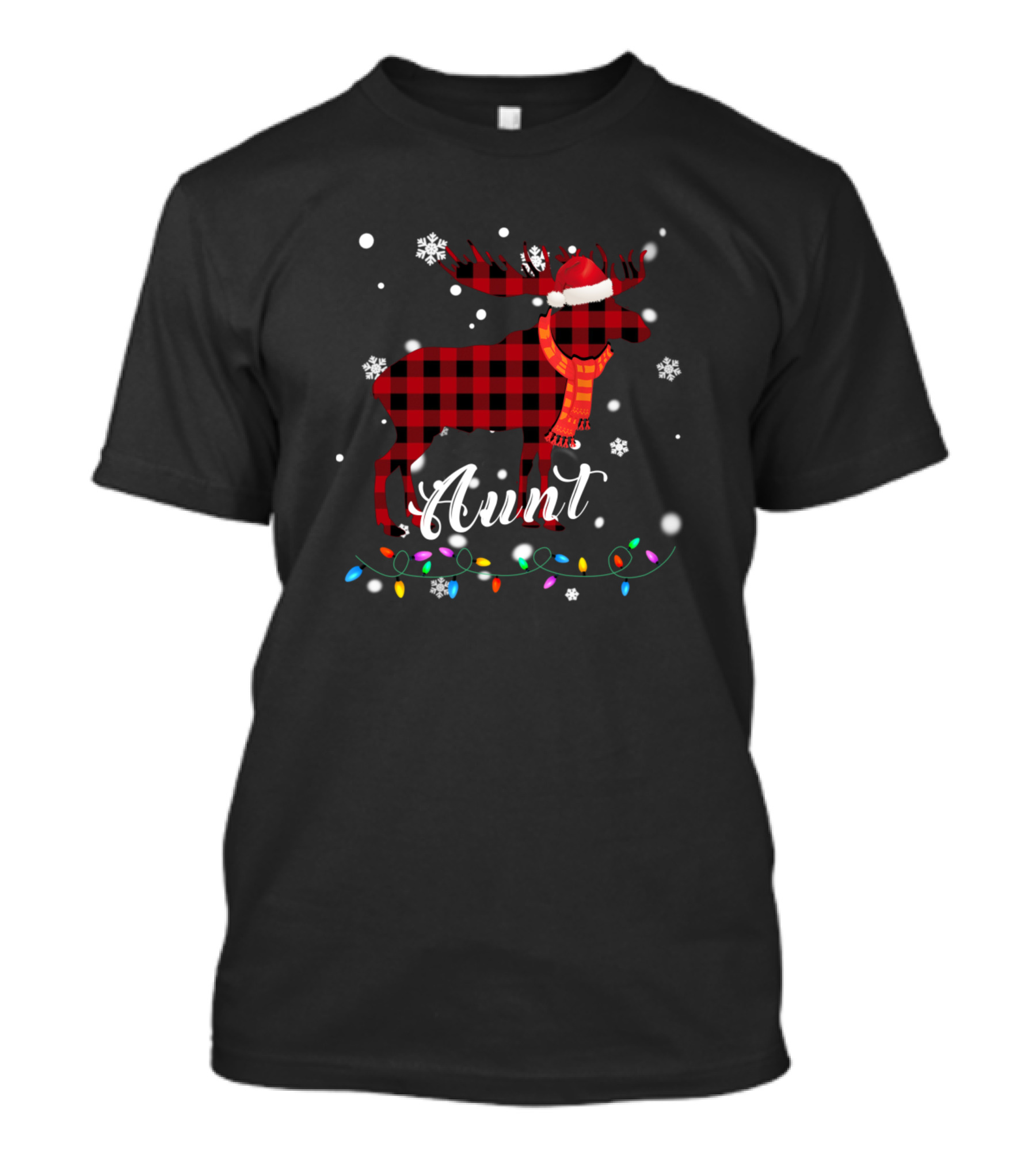 Aunt Plaid Moose Santa Hat Snowflakes Christmas Lights T-Shirt