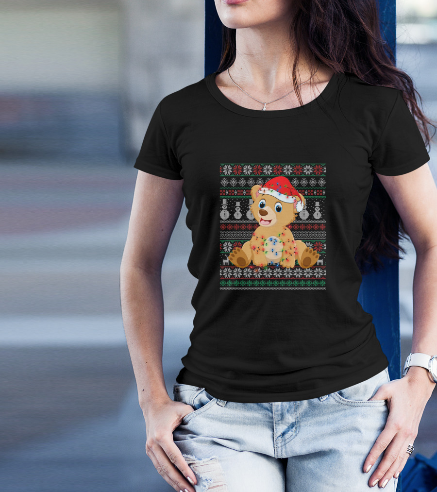 Bear Ugly Christmas Funny Xmas Sweater Festive Lights Santa Hat T-Shirt