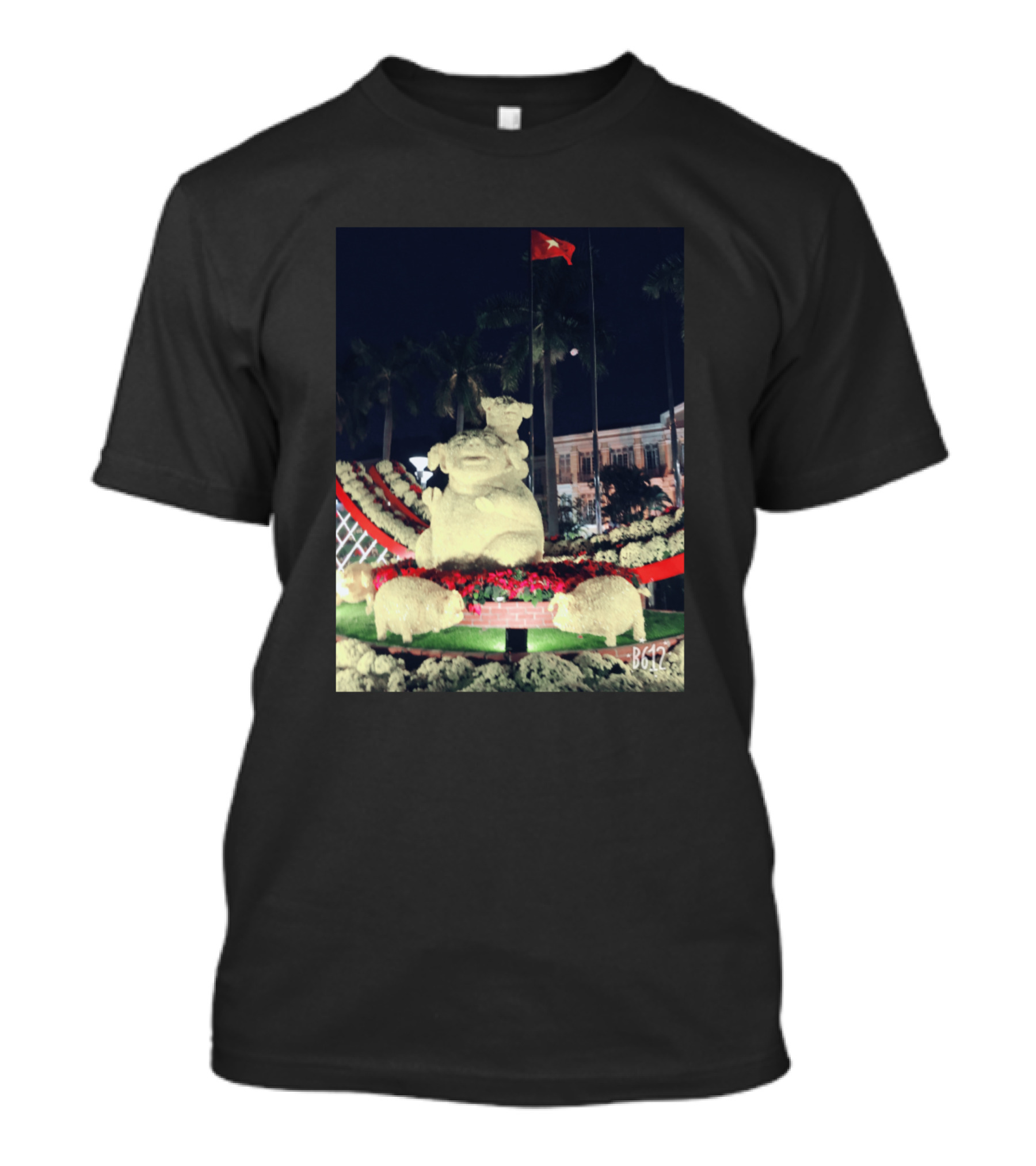 BG47 Nighttime Pig Statue Display With Red Flag T-Shirt