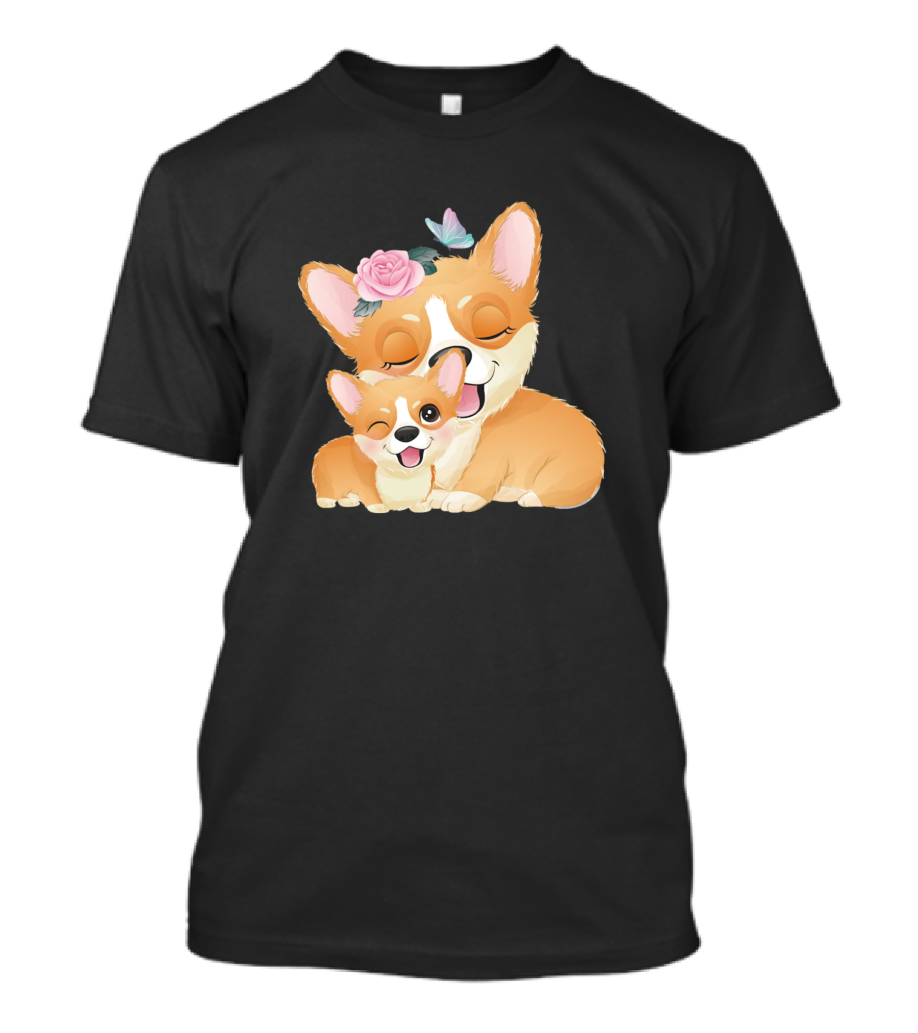 Dog Cute Mother Baby Corgi Flower Crown Butterfly T-Shirt