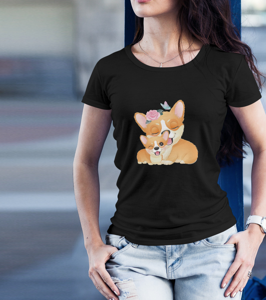 Dog Cute Mother Baby Corgi Flower Crown Butterfly T-Shirt
