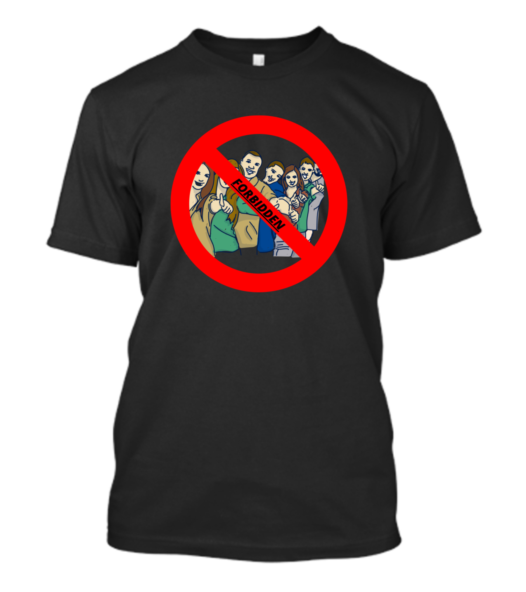 FORBIDDEN No Selfies Allowed Iconic Group Crossing Red Circle T-Shirt