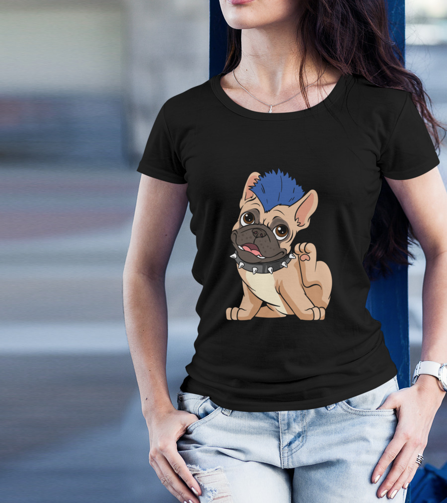 Frenchie Punk Bulldog With Blue Mohawk And Spiked Collar T-Shirt