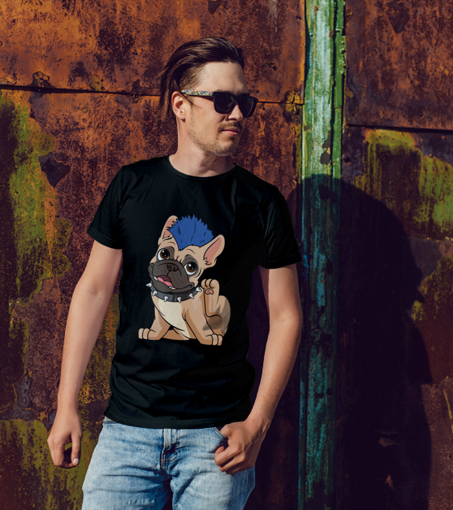 Frenchie Punk Bulldog With Blue Mohawk And Spiked Collar T-Shirt