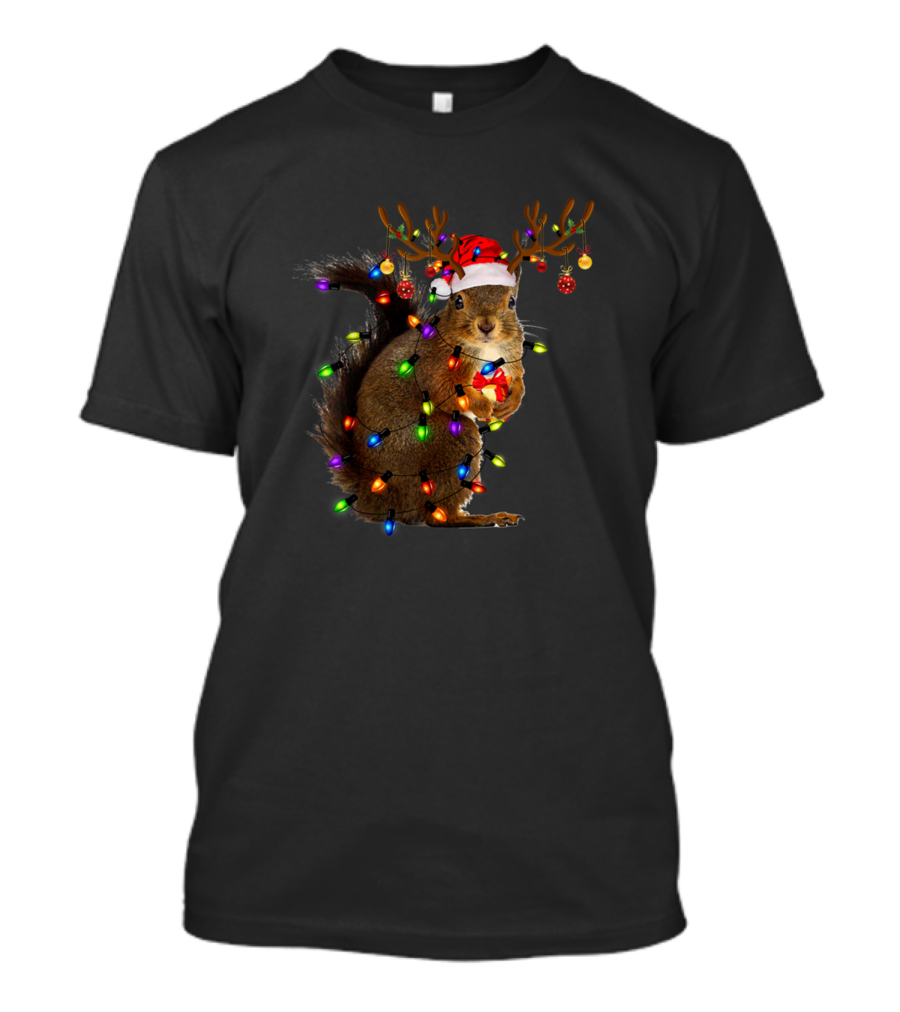 Squirrel Wrapped In Christmas Lights With Santa Hat And Reindeer Antlers T-Shirt