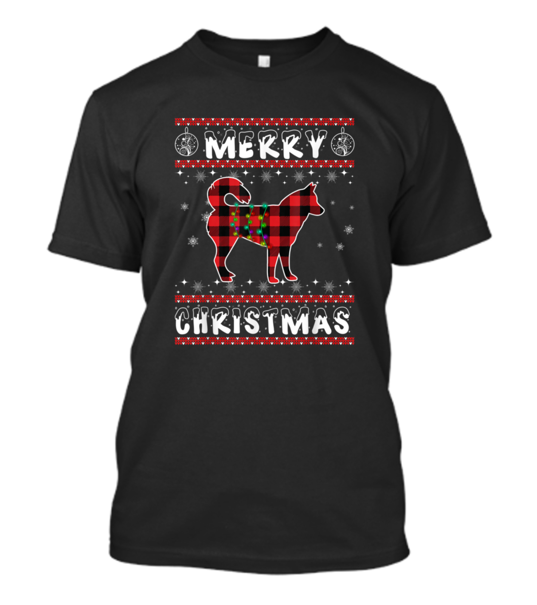 Merry Christmas Buffalo Plaid Siberian Husky Snowflakes Ornament Lights T-Shirt