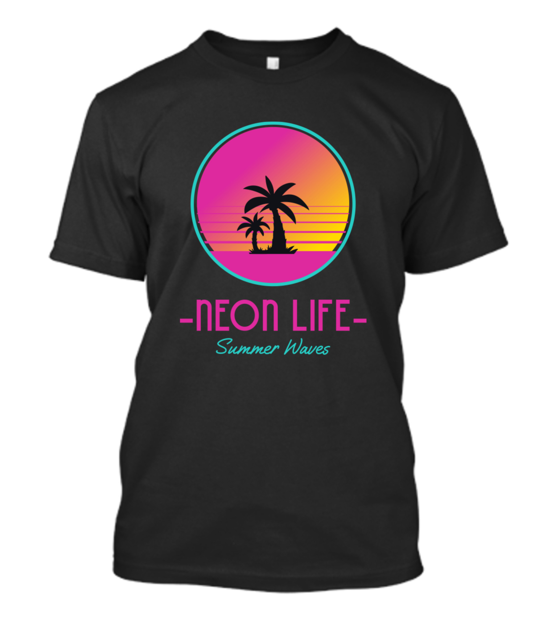 Neon Life Summer Waves Palm Sunset Circle T-Shirt