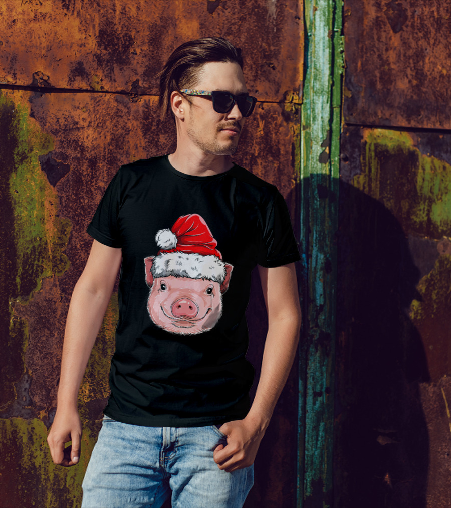 Pig In Santa Hat Christmas Farmer Girl Holiday Festive Xmas T-Shirt
