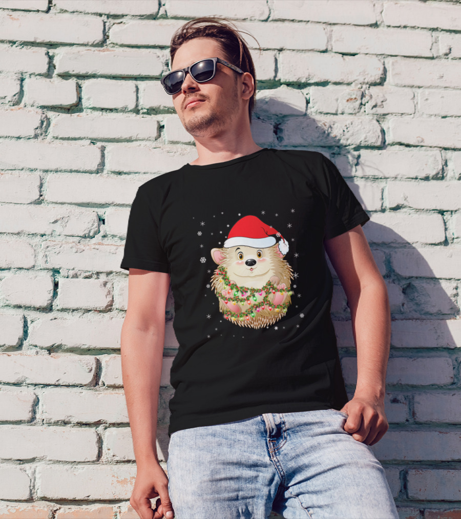 Porcupine Light Christmas Holiday Hedgehog Santa Hat Snowflakes T-Shirt