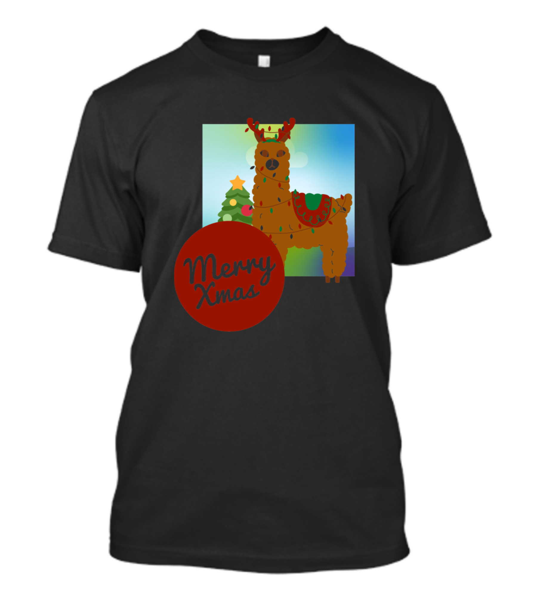 Merry Xmas Llama With Antlers And Christmas Tree T-Shirt