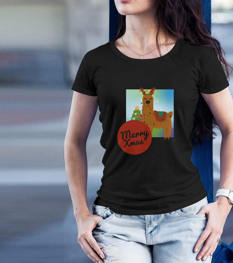 Merry Xmas Llama With Antlers And Christmas Tree T-Shirt