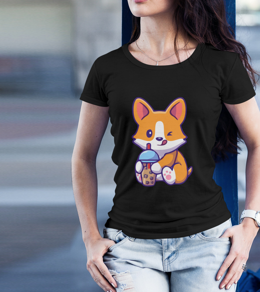 Corgi Boba Tea Winking Cute Kawaii T-Shirt