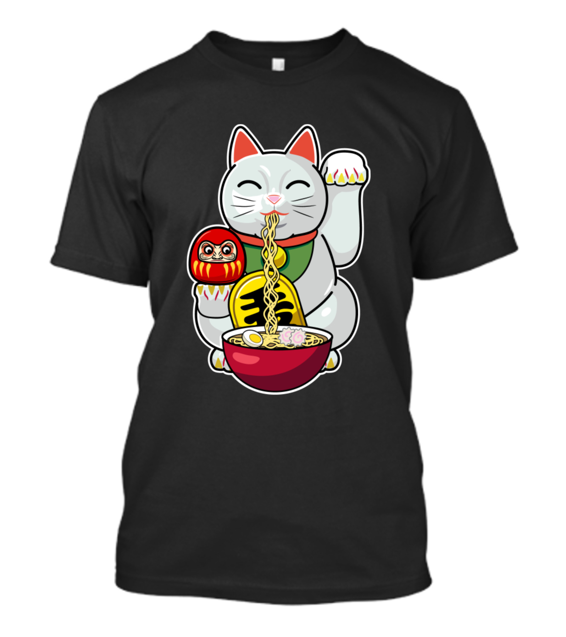 Daruma Cute Cat Maneki Neko Eating Ramen Bowls T-Shirt