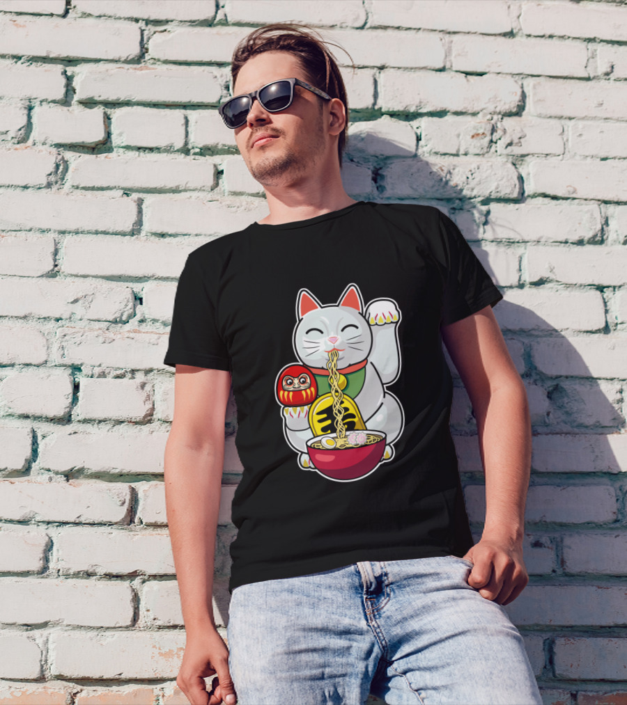 Daruma Cute Cat Maneki Neko Eating Ramen Bowls T-Shirt