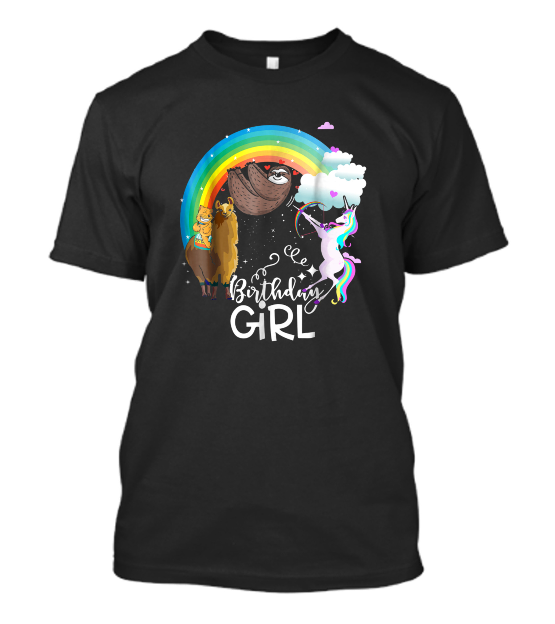 Birthday Girl Unicorn Llama Sloth Cat And Rainbow T-Shirt