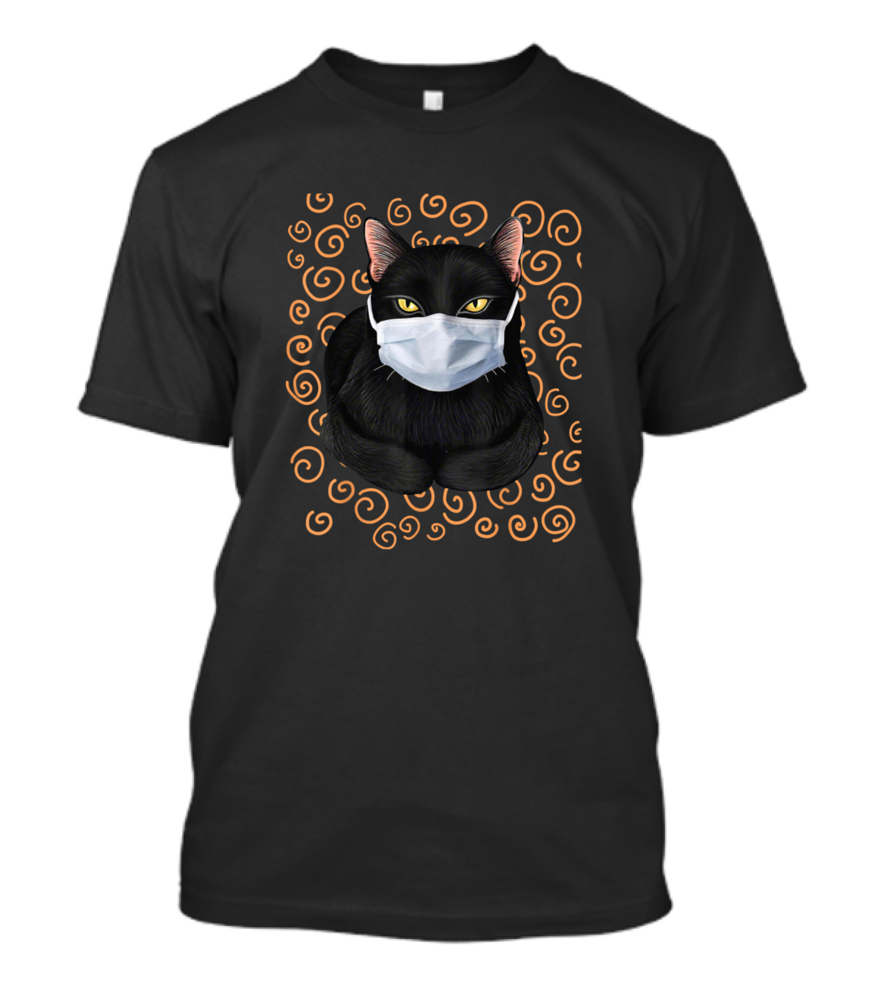 Black Cat Wearing Mask With Orange Swirls T-Shirt