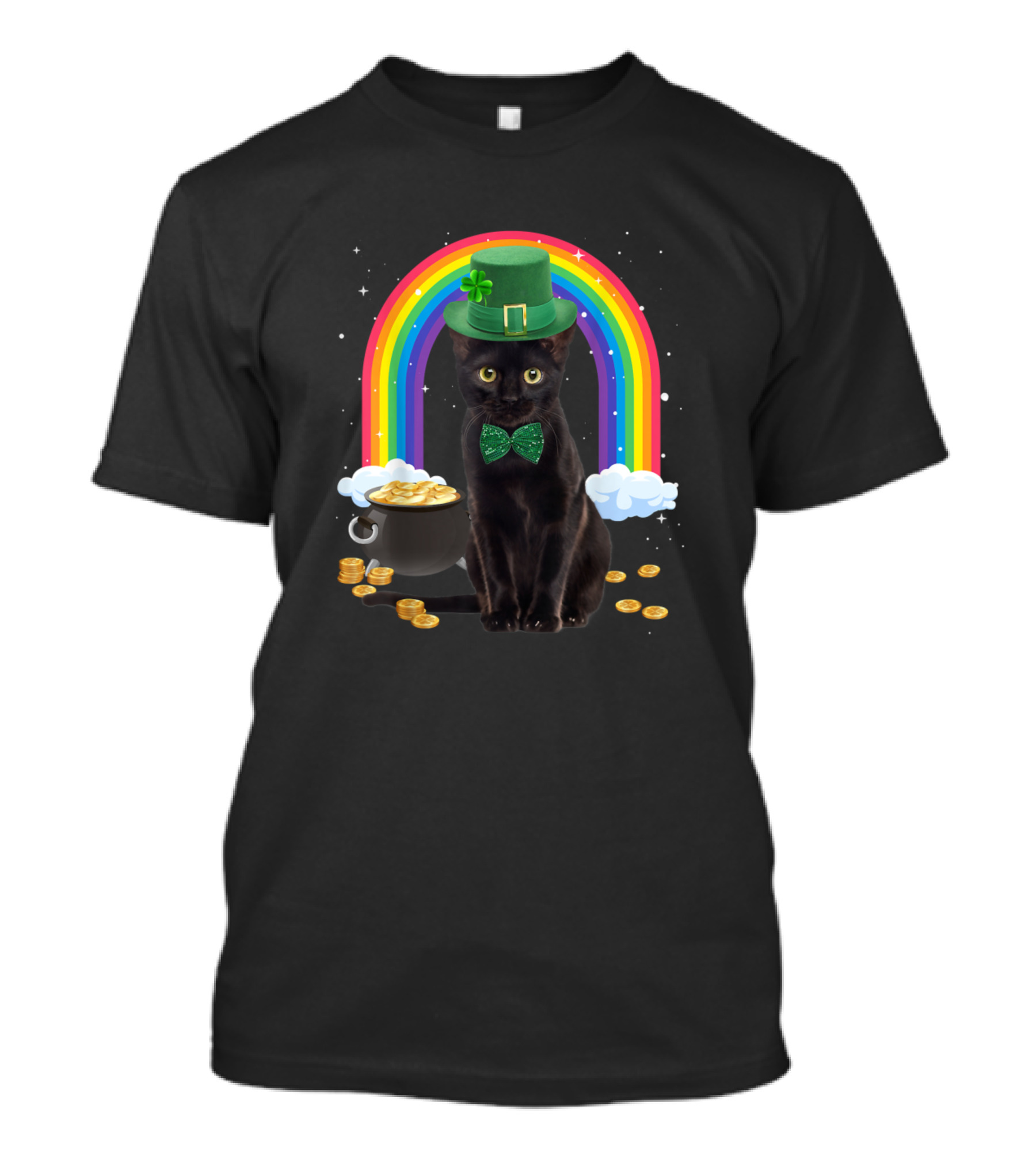 Black Cat Leprechaun St Patricks Day Rainbow Pot Of Gold T-Shirt