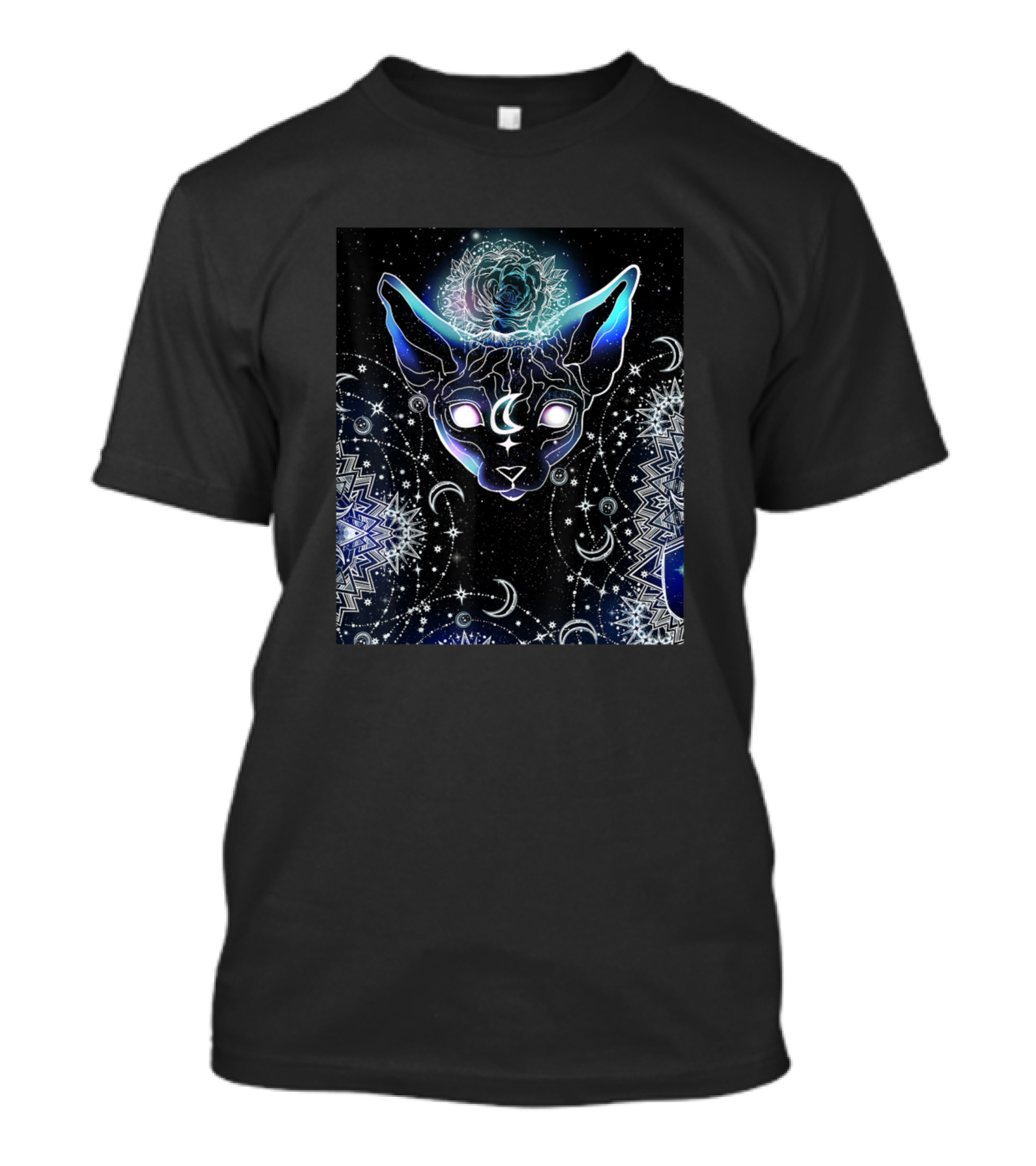 Gothic Black Metal Celestial Hairless Sphynx Cat With Moon Phases And Cosmic T-Shirt