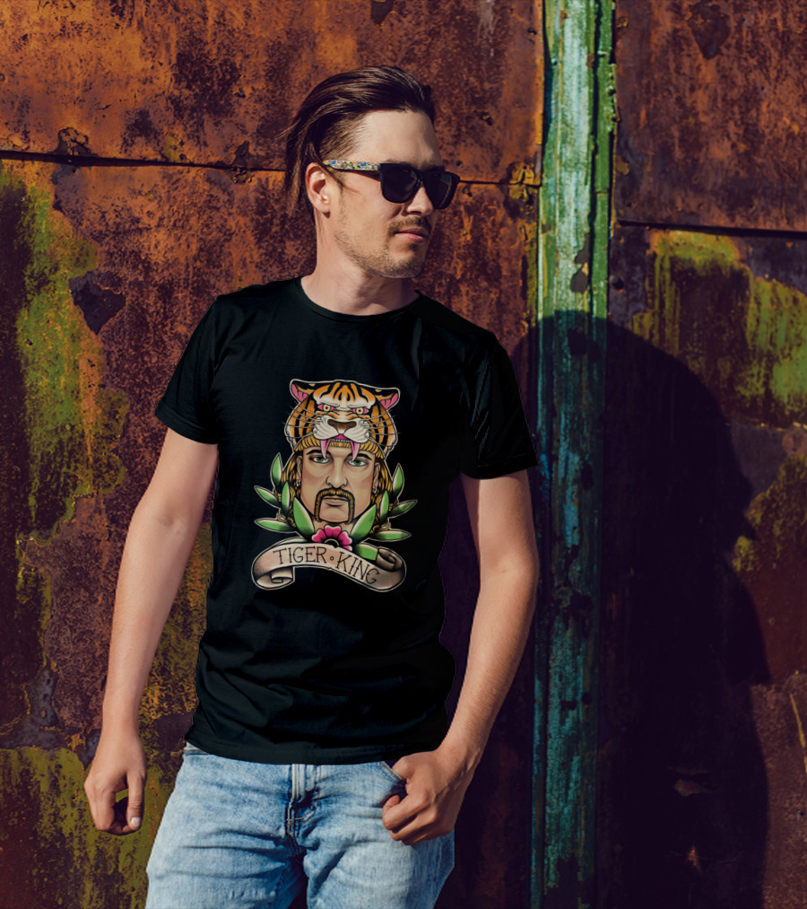 Tiger King Tiger Head With Man And Floral Elements T-Shirt