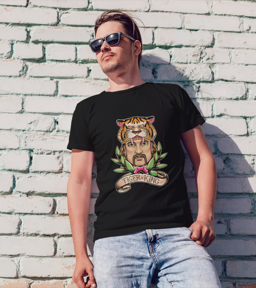 Tiger King Tiger Head With Man And Floral Elements T-Shirt