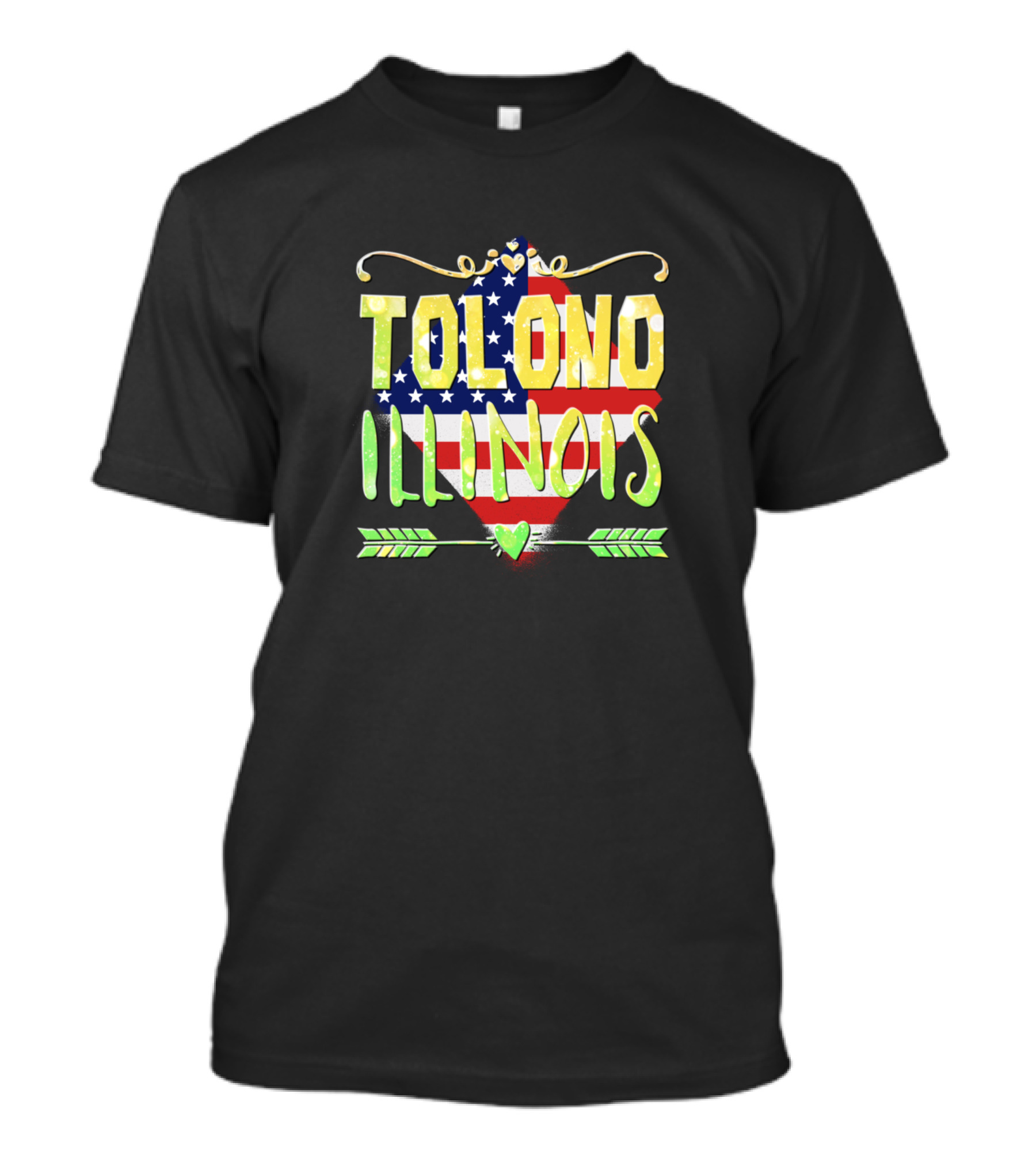 Tolono Illinois American Flag Heart With Arrow And Decorative Swirls T-Shirt