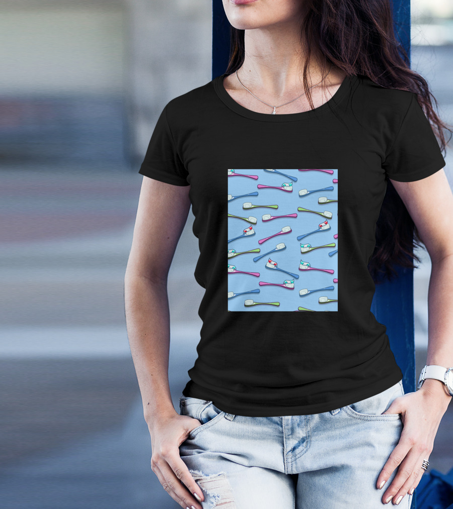 Toothbrushes Pattern Blue Background T-Shirt