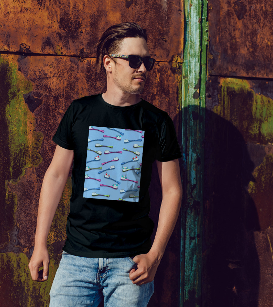Toothbrushes Pattern Blue Background T-Shirt