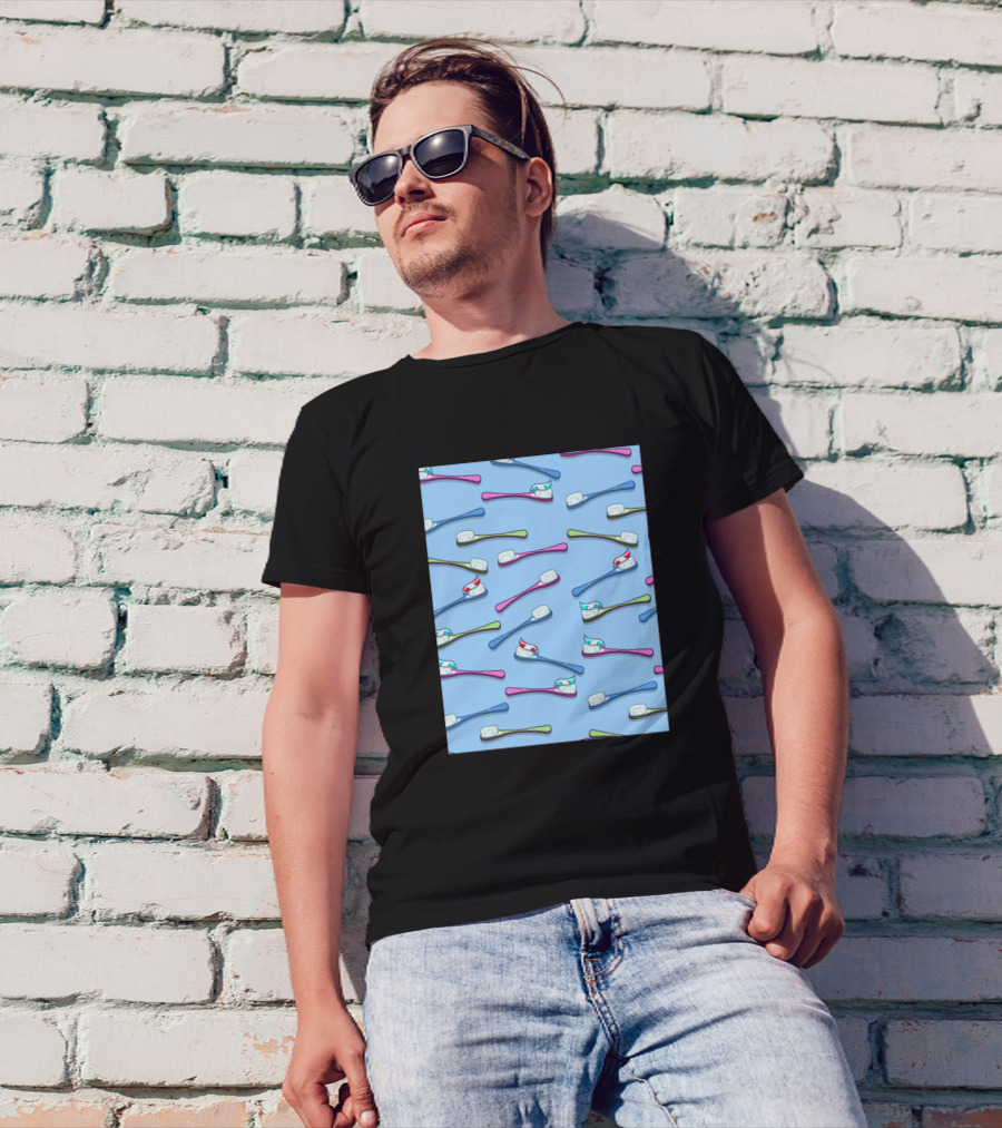 Toothbrushes Pattern Blue Background T-Shirt