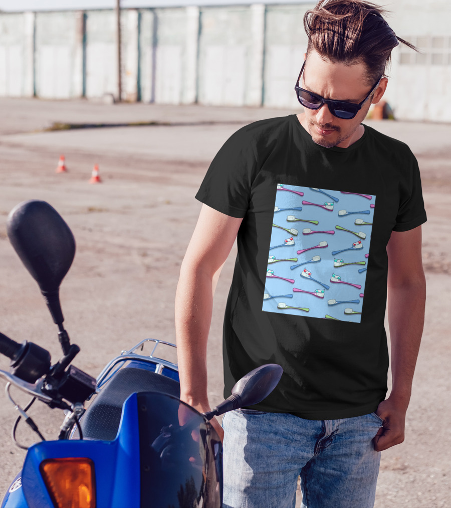 Toothbrushes Pattern Blue Background T-Shirt