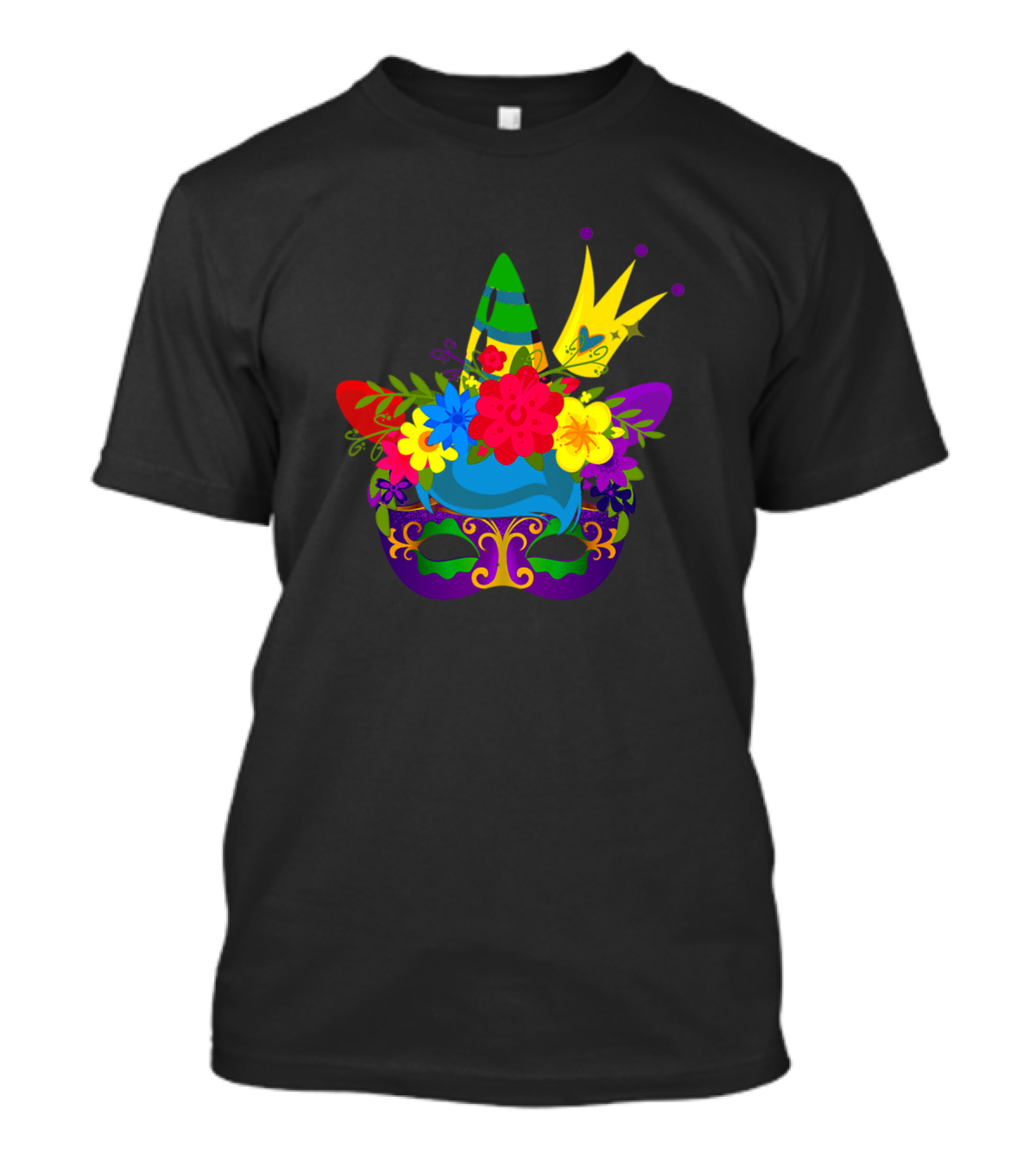 Unicorn Mask With Floral Crown And Mardi Gras Colors Carnival Festival T-Shirt