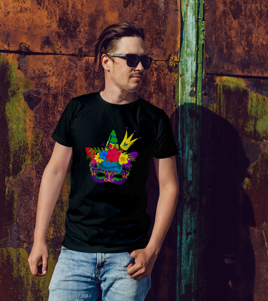 Unicorn Mask With Floral Crown And Mardi Gras Colors Carnival Festival T-Shirt