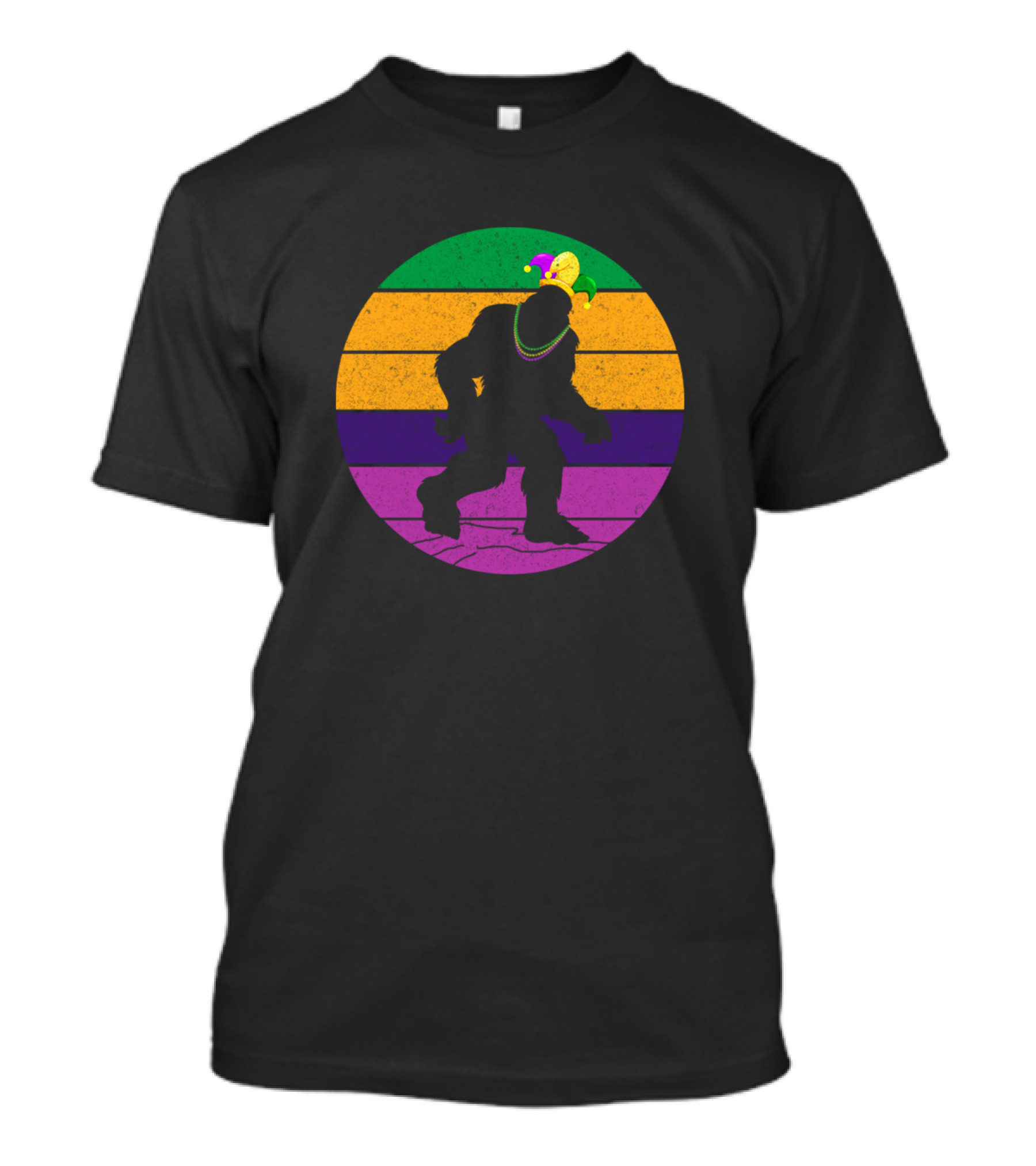 Vintage Bigfoot Mardi Gras Costume With Jester Hat And Beads T-Shirt