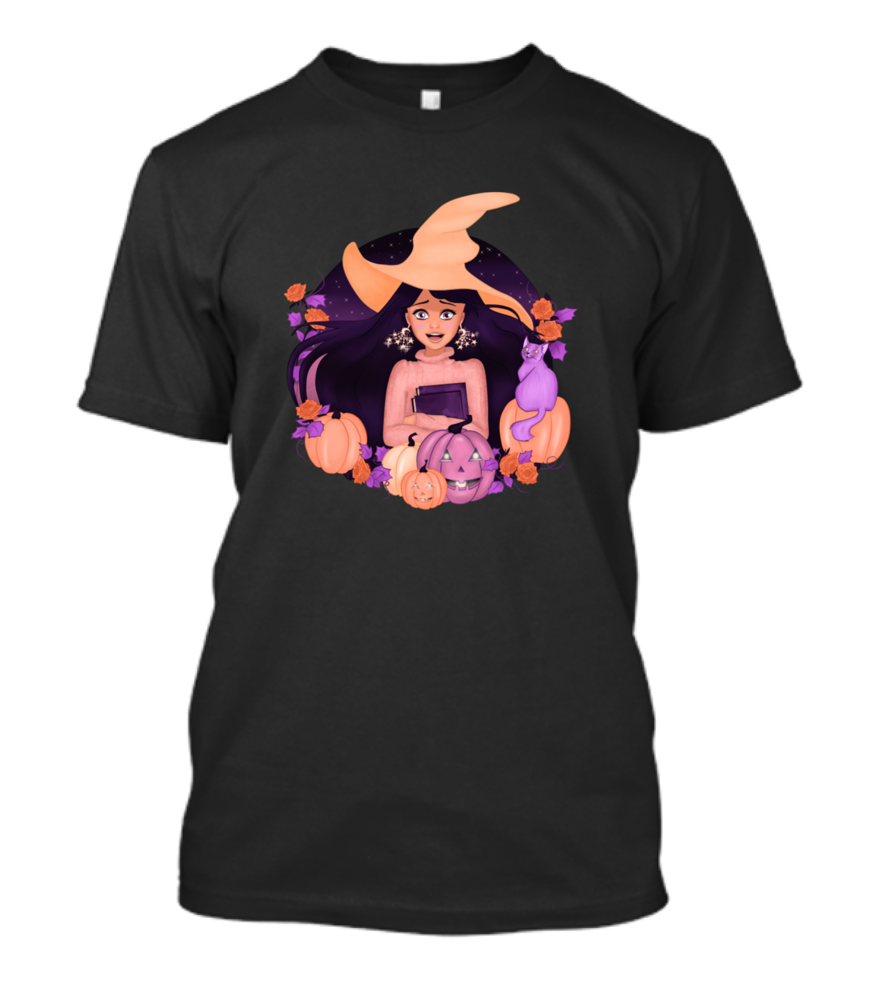 Young Witch In Enchanted Pumpkin Patch With Cat And Starry Hat T-Shirt