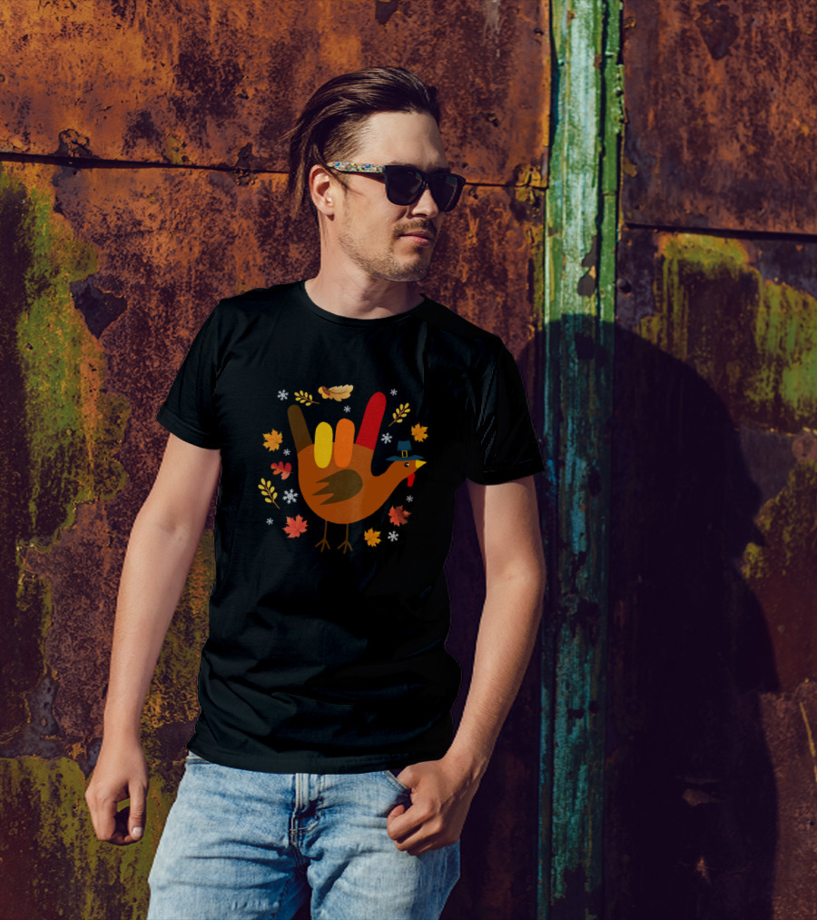 American Sign Language I Love You Thanksgiving Turkey Leaves Snowflakes T-Shirt