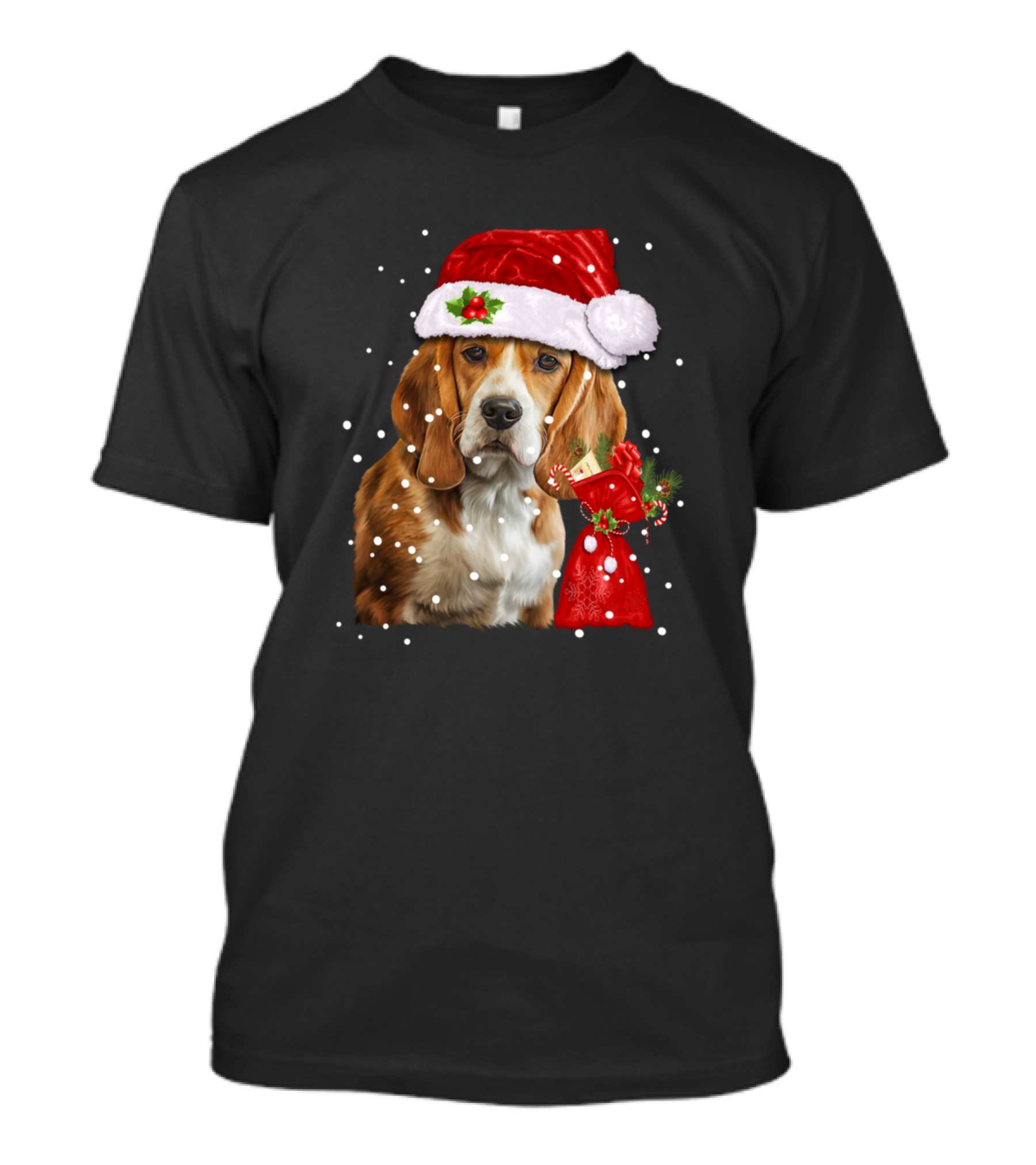 Santa Hat Beagle With Snowflakes And Festive Gift Bag T-Shirt