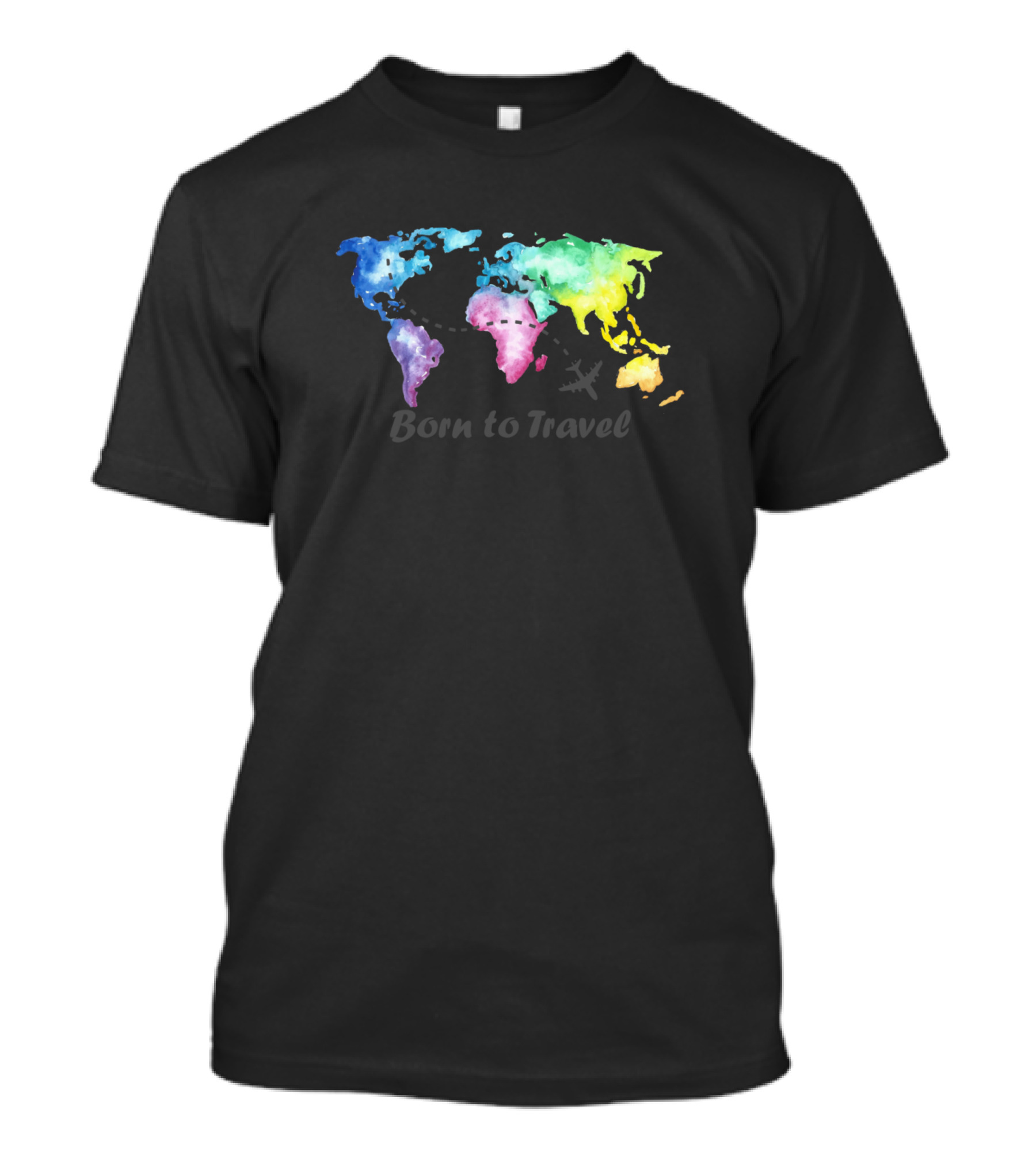Born To Travel Colorful World Map With Airplane Path T-Shirt