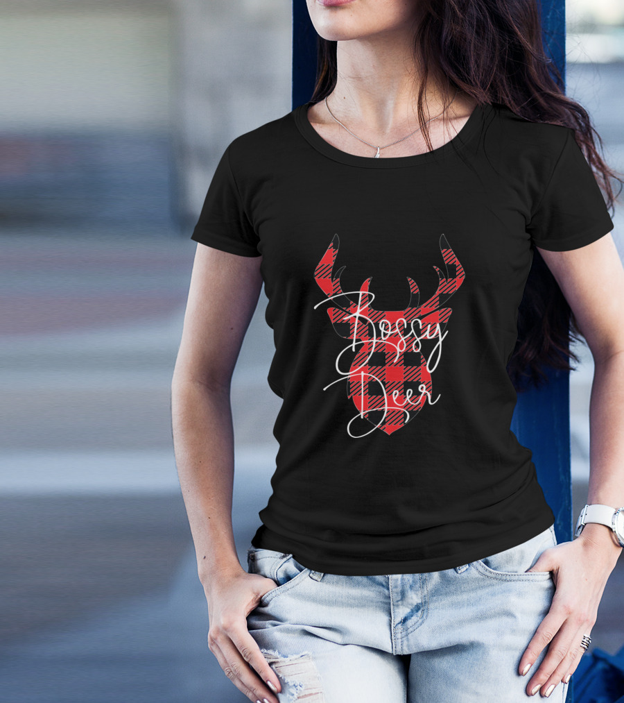 Bossy Deer Christmas Red Plaid Buffalo Matching T-Shirt