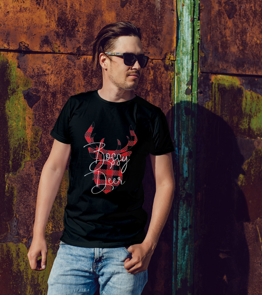 Bossy Deer Christmas Red Plaid Buffalo Matching T-Shirt