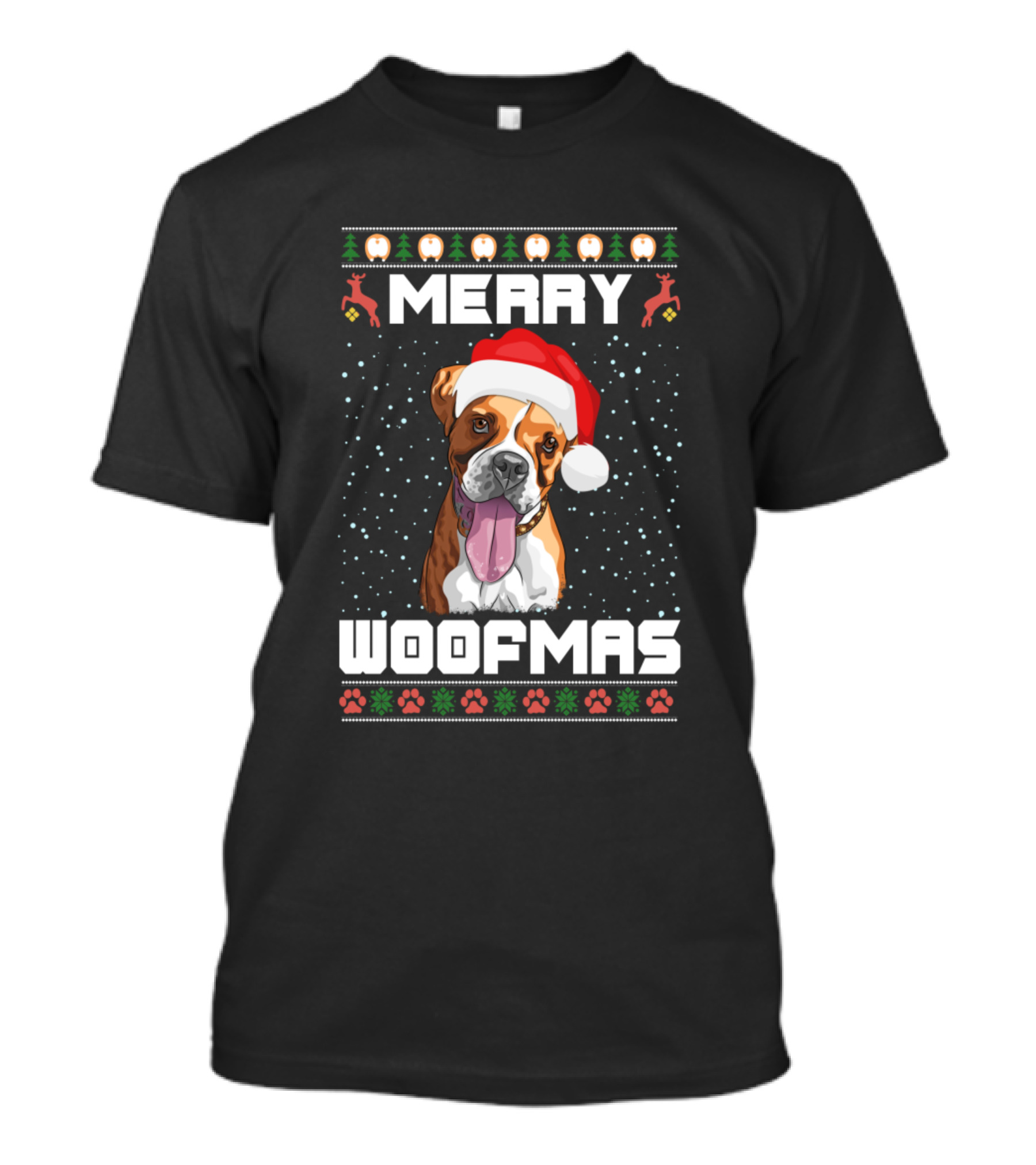Merry Woofmas Boxer Dog Santa Hat Holiday Paw Prints T-Shirt