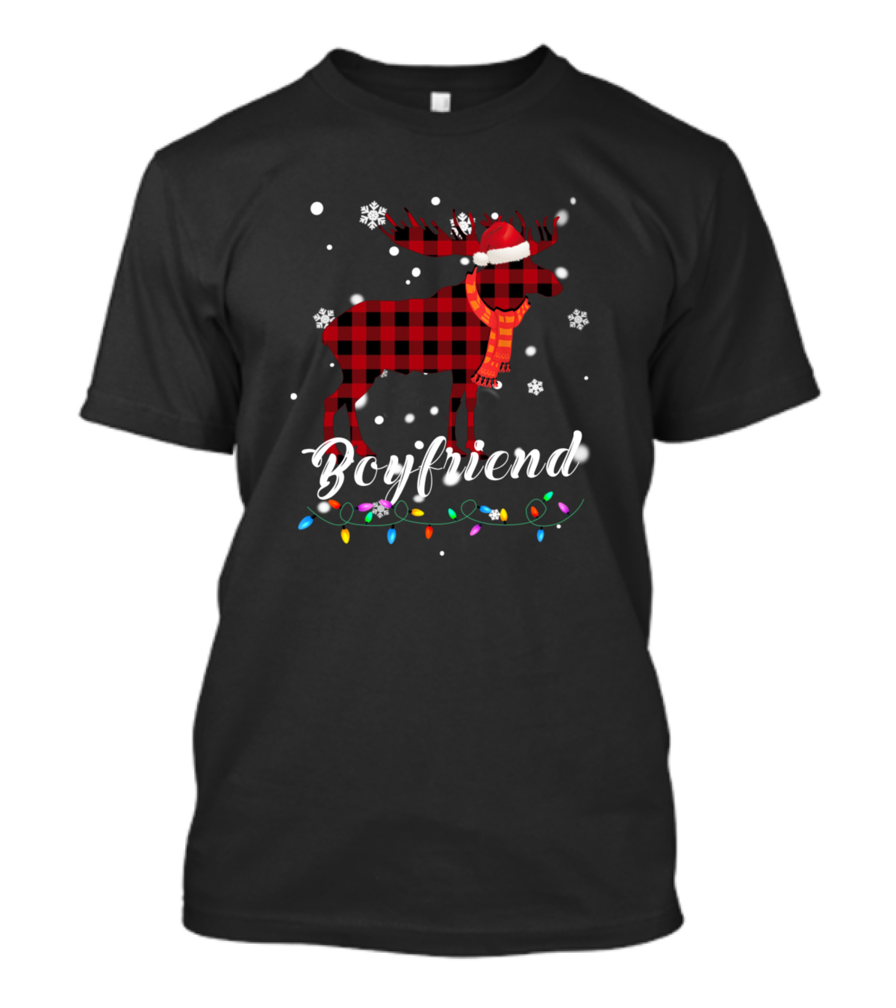 Boyfriend Moose Plaid Christmas Lights Snowflakes Scarf Santa Hat T-Shirt